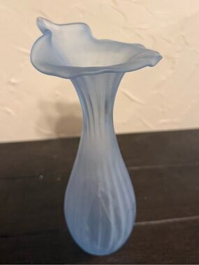 Vintage MCM Frosted Satin Glass Ice Blue
Textured Flower Vase 8”